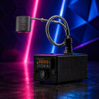 Laser pointer with pink and blue beams on a dark background
