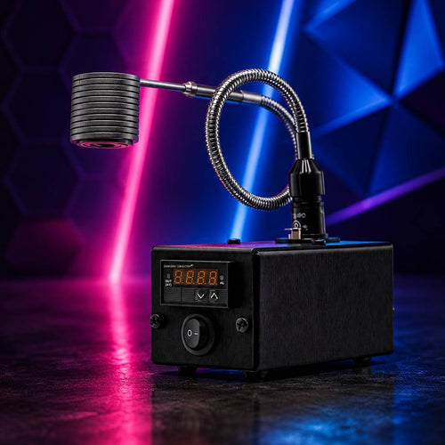 Laser pointer with pink and blue beams on a dark background